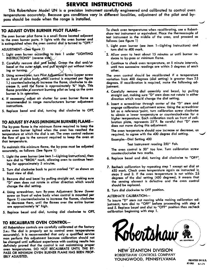 Robertshaw Universal Oven Control Field Information Bulletin