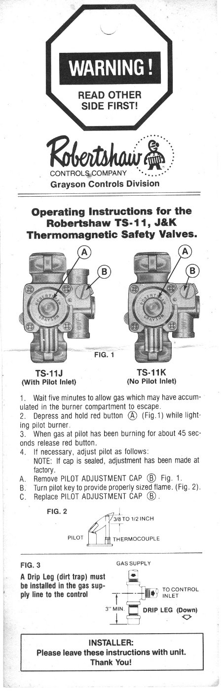 Robertshaw TS-11 Operating Instructions